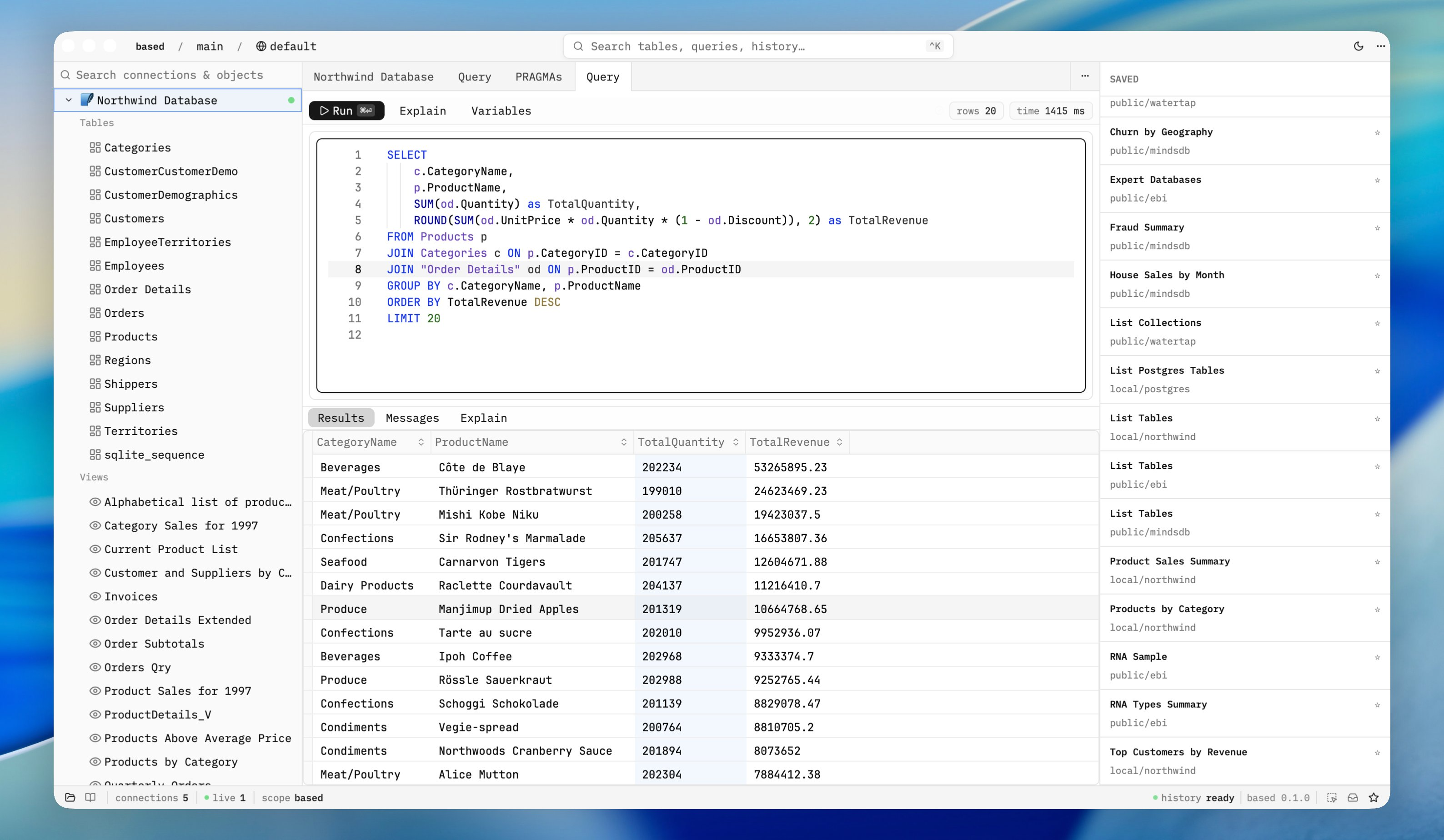 Based database client showing SQL editor, schema tree, and query results
